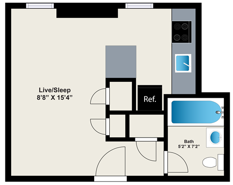 Floor plan for studio, 1 bath, 307 sqft